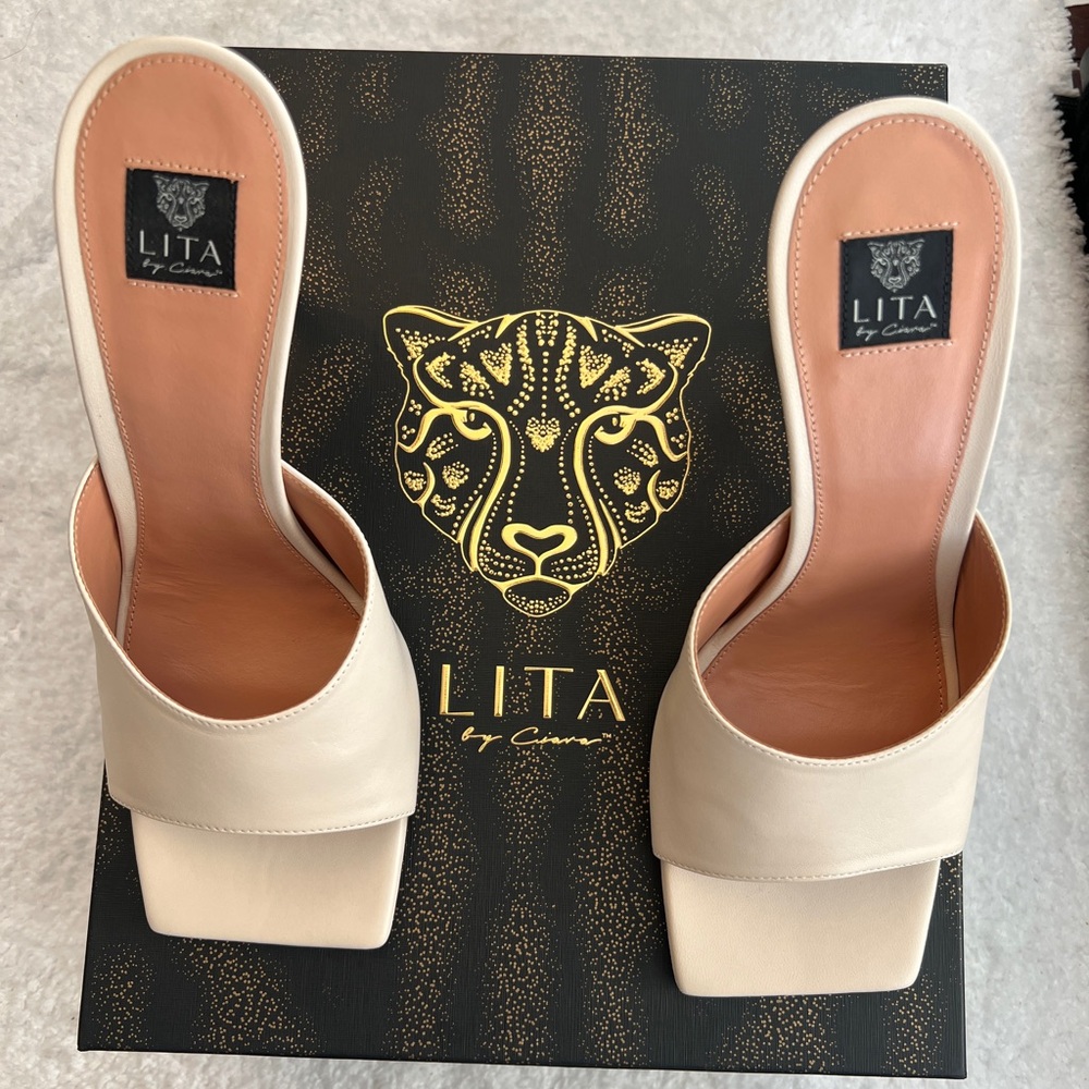 Lita by Ciara Cream Solid Square Toe Slide Heels